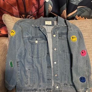Denim Jacket with Colorful Smiley Patches